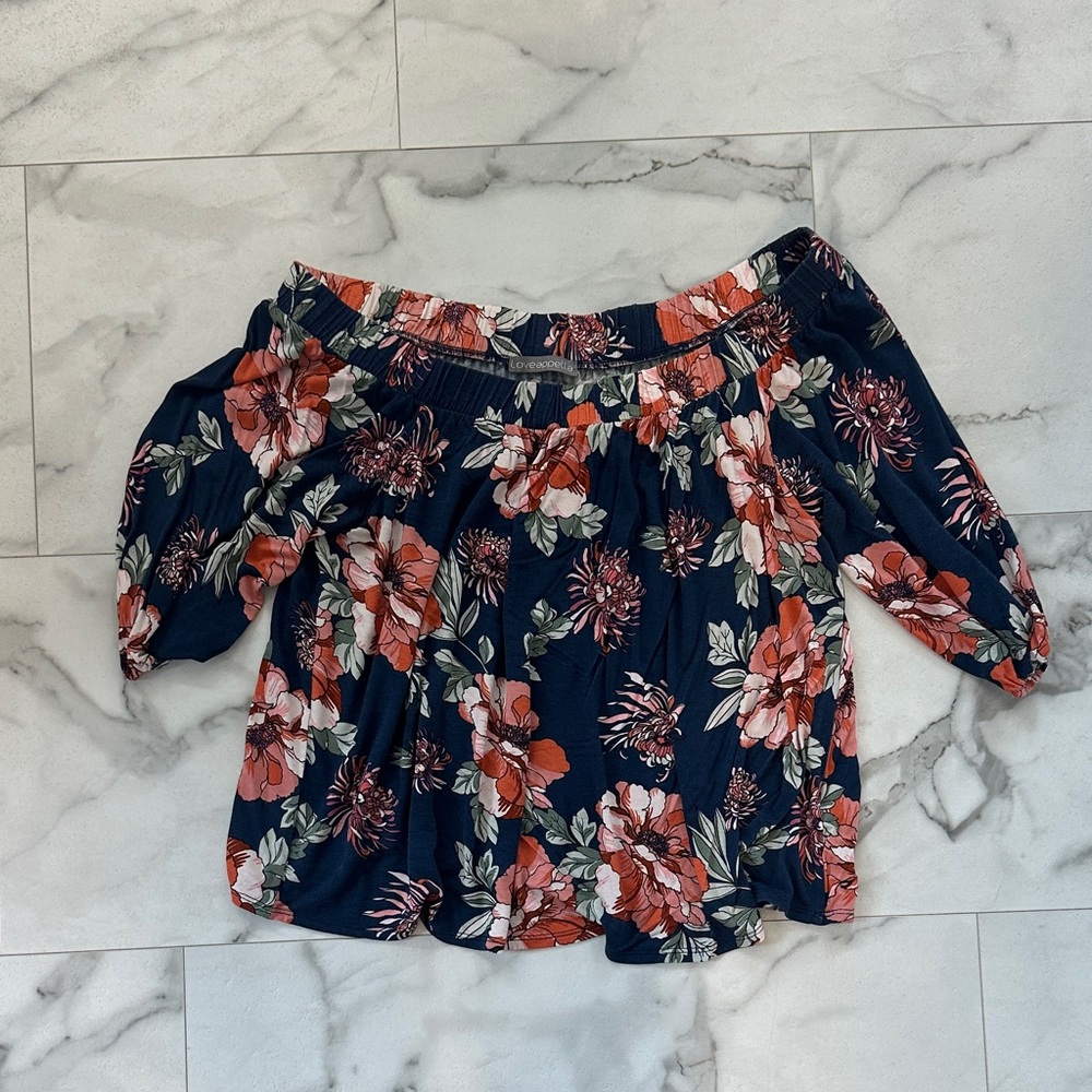 Loveappella Navy Off-Shoulder Floral Tunic with Coral Blooms